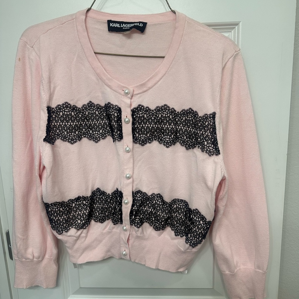 Karl Lagerfeld Light Pink Cardigan with Black Lace